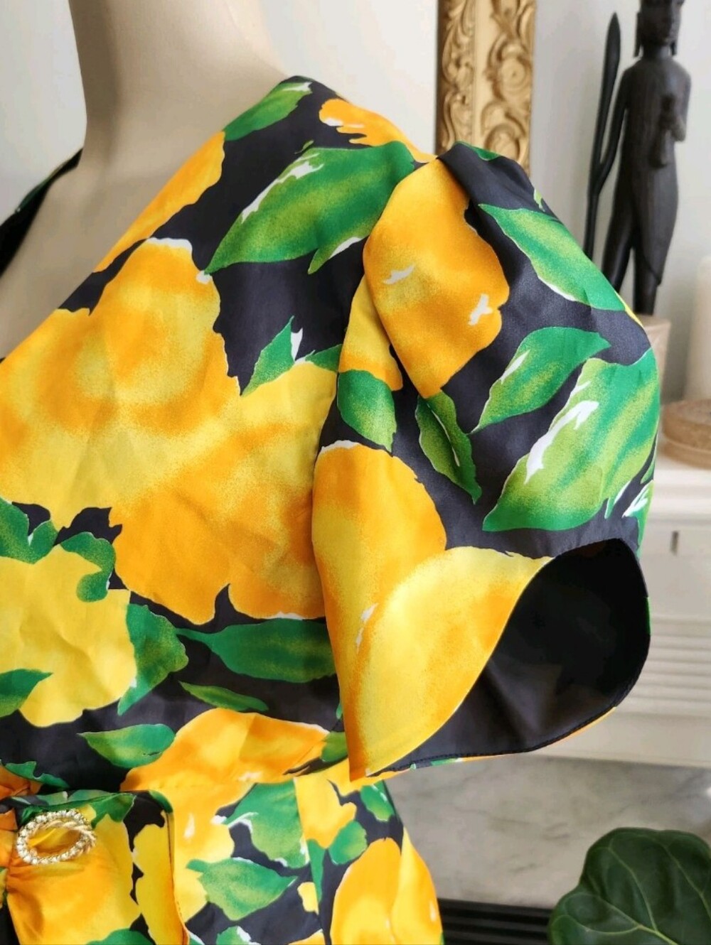 Vintage 90s Yellow Floral Dress Set Size 8 Taffeta Ruffle Bolero Resort Vacation - Picture 13 of 14